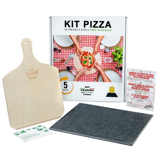 Kit Pizza in Pietra Lavica per Forno + Pala in Legno Per Pizza Napoletana -35x35cm